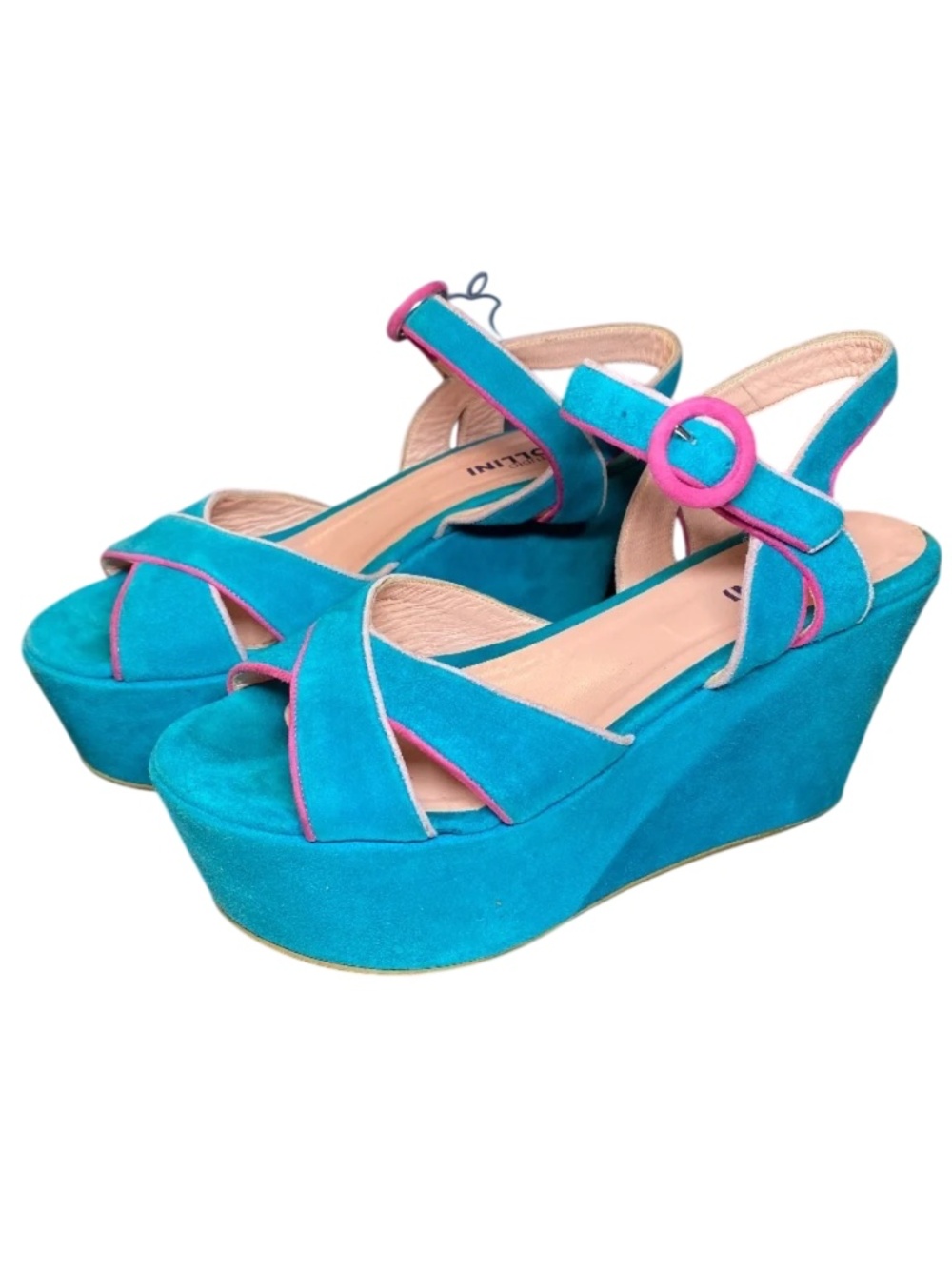 Studio Pollini Italy Turquoise Suede Colorblock Platform Wedge Sandals 38 8